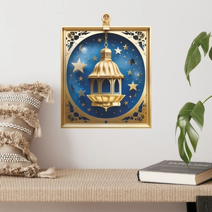 3D layered Ramadan lantern wall decor with gold star and moon in a frame