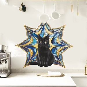 Artistic Wandtattoo mit schwarzer Katze und blau-goldener Geometrie für Zuhause