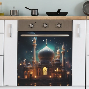 Detail of Islamic mosque wall sticker on kitchen oven door with golden light and stars