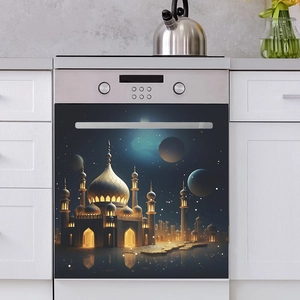 Middle Eastern style castle and moon wall sticker on a kitchen appliance panel