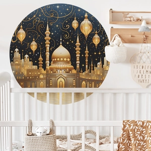 Sticker mural rond avec mosquée dorée et étoiles pour chambre d'enfant