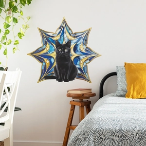 Künstlerischer schwarzer Katzenwandaufkleber mit blau-goldenem Stern im Schlafzimmer
