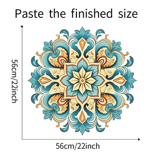 Detail of blue and orange mandala wall sticker showing dimensions 56cm 22inch