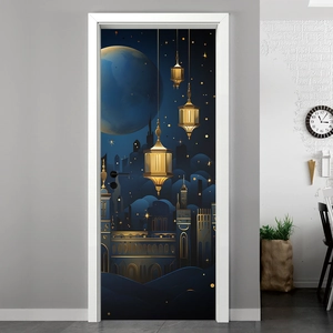 Arabic night sky door sticker with golden lanterns and mosque under a giant moon