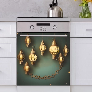 Ramadan Kareem decorative magnetic kitchen sticker featuring golden lanterns and stars
