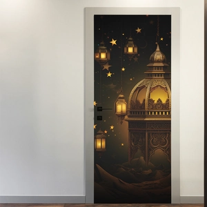 Detail of Ramadan door sticker featuring star lanterns and mosque silhouette on grey door