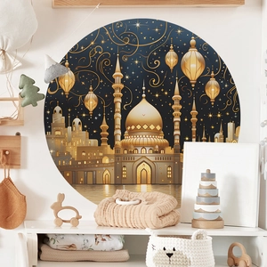 Sticker Mural Rond Mosquée Islamique Lanterne d'Or Nuit Étoilée Ramadan Décoration pour Chambre d'Enfant Salon PVC DIY Autocollant