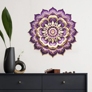 Purple and gold mandala wall sticker with 3D floral design for elegant home wall decor