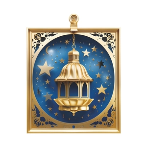 Golden Ramadan Fanous lantern with crescent moon and stars in a 3D metallic frame wall art