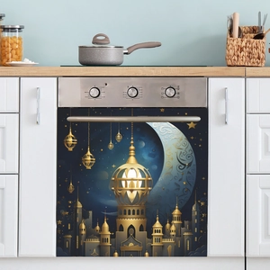 Ramadan Eid Mubarak Wall Stickers PVC Gold Mosque Moon Lantern Decorative Decal For Kitchen Dishwasher Oven Home Decor