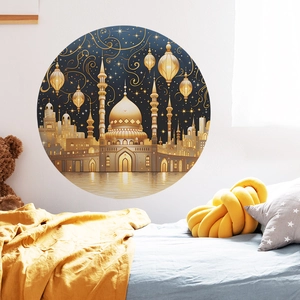 Détail du sticker mural château doré circulaire dans une chambre aux tons chauds
