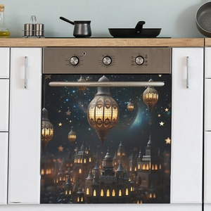 Ramadan lantern wall sticker on oven door featuring mosque silhouettes and starry sky