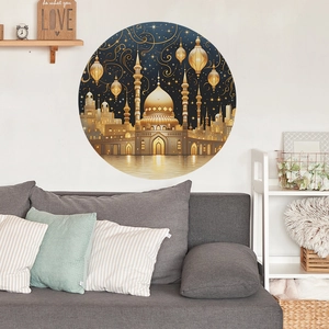 Sticker mural mosquée dorée pour salon avec décor de lune et de lanternes