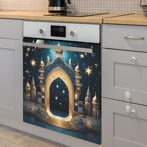 Kitchen appliance magnetic cover with golden Islamic castle and night sky star pattern