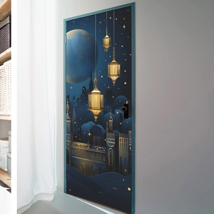 Detail view of Islamic castle and golden lanterns door sticker on a dark blue night sky