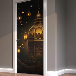 Islamic style door sticker with mosque dome and lanterns on white wooden door