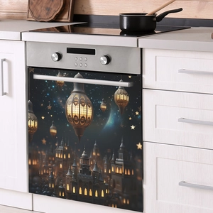 Detail of Middle Eastern festive wall sticker on modern oven featuring gold lanterns and stars