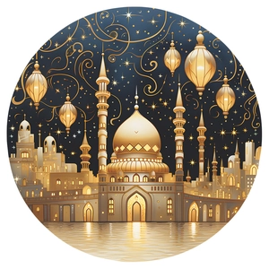 Sticker mural de château islamique doré avec mosquées et lanternes pour décoration salon