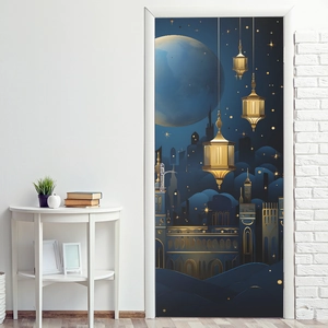 Dreamy castle chandelier door sticker with gold moon and blue Islamic architecture