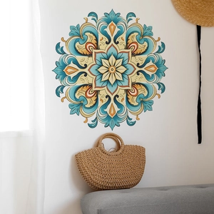 Mandala wall sticker with vintage floral patterns in a cozy living room setting