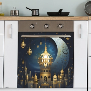 Macro detail of Ramadan magnetic oven cover featuring golden castle and crescent moon