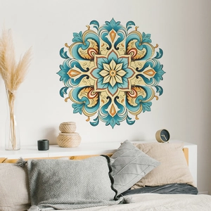 Detail of vintage mandala wall sticker with geometric patterns on a white bedroom wall
