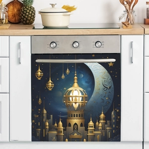 Eid themed magnetic dishwasher cover with golden castle moon and lanterns on blue