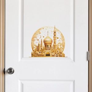 3D golden Islamic mosque wall sticker with intricate crescent and star patterns for home decor