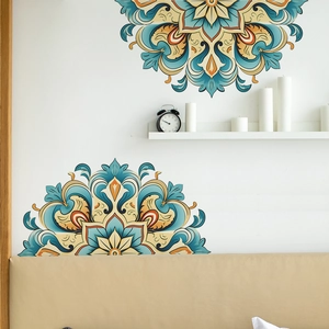 Bohemian mandala wall decals in teal and orange for bedroom and living room decor