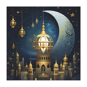 3D golden mosque castle with crescent moon and hanging lanterns wall sticker decor