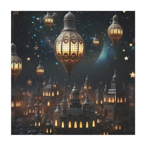 Exquisite Ramadan festive lanterns and castle mosque decor with warm glowing lights
