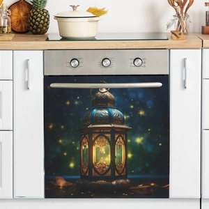Close-up of decorative Middle Eastern lantern sticker on a modern kitchen dishwasher