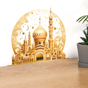 Detail of golden Islamic castle wall sticker with intricate patterns in a modern living room