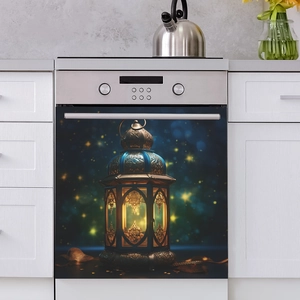 Middle Eastern style lantern oven door sticker with warm glowing light and starry background