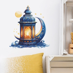 Detailed macro view of Ramadan crescent moon and blue lantern wall stickers decoration