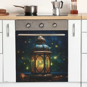 Retro Moroccan lantern magnetic dishwasher decal with festive warm yellow glow on navy background