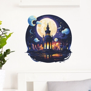 Dreamy purple castle and moon wall sticker set against a clean white bedroom background