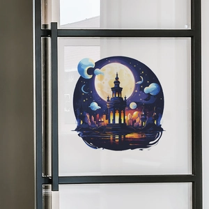 Detail of a purple castle wall sticker with stars and moon on a glass wardrobe door