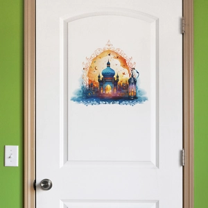 Detail of Middle Eastern castle door sticker with moon and lantern on a white door