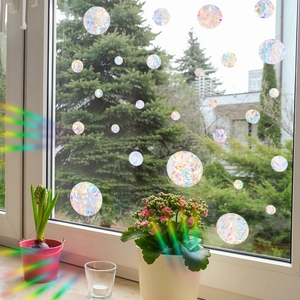 3D holographic rainbow window privacy film with decorative circular dot pattern