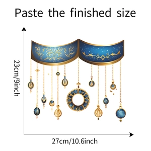 Detailed size guide for ornate blue and gold hanging wall decal with dimensions