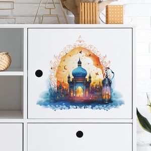 Blue Islamic castle wall sticker with gold lanterns and stars on white furniture