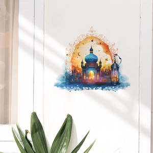 Islamic castle door sticker with blue mosque silhouette and moon for home decoration