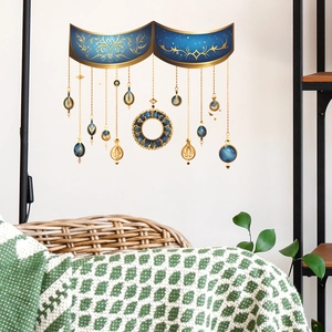 Exquisite blue and gold decorative wall sticker with intricate vine patterns and gem pendants