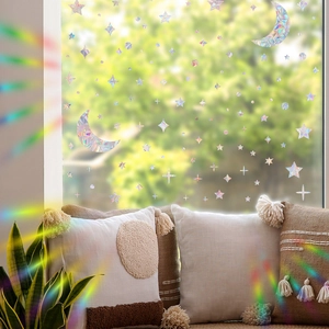 Autocollants de fenêtre holographiques étoiles et lune avec effet arc-en-ciel prisme