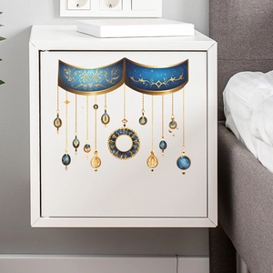 Blue and gold PVC wall sticker with hanging jewel ornaments for bedroom furniture decor