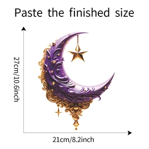 Detail showing the 21x27cm purple crescent moon wall sticker with golden floral patterns