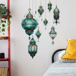 Detailed wall sticker set featuring green Moroccan pendant lamps with gold accents