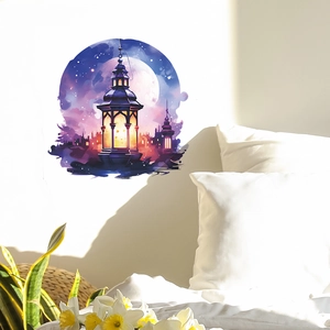 Romantic purple dreamy lamp wall sticker with full moon and vintage lantern illustration