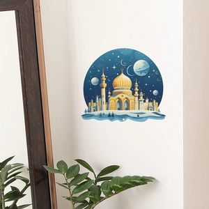 Detailed view of Middle Eastern style castle and moon wall decals in a bedroom setting